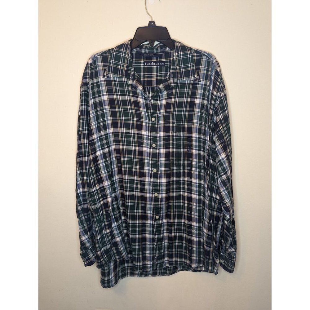 Nautica blue green white plaid cotton button up shirt men's size XL